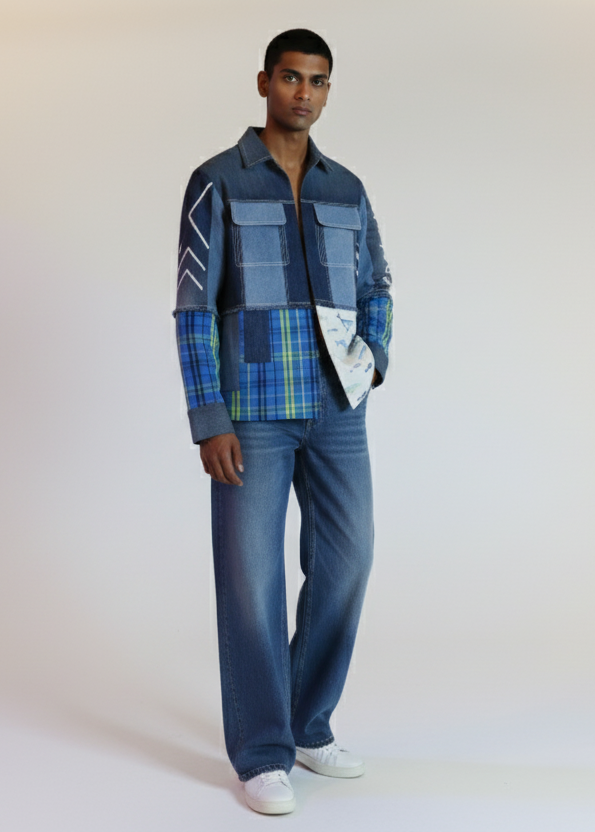 Man wearing a plaid shirt and jeans on a plain background