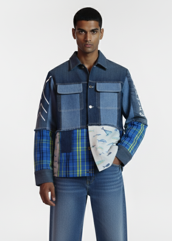 Man wearing a patchwork jacket and jeans on a white background