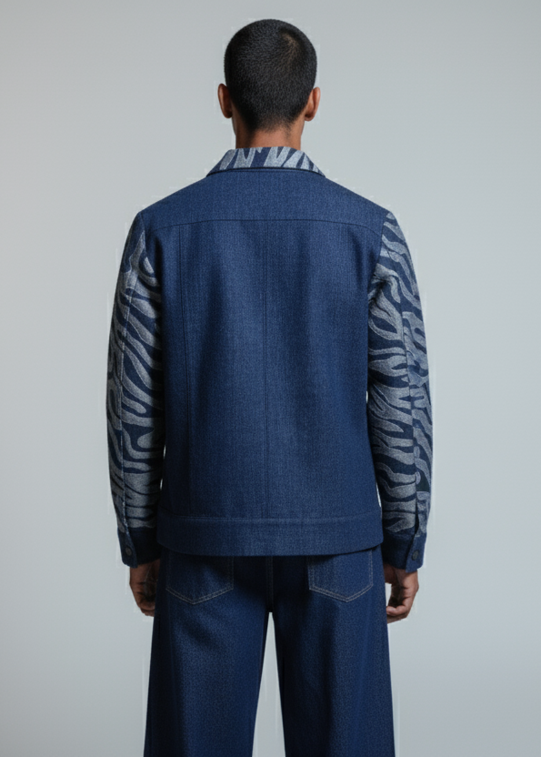 Person wearing a blue denim jacket with patterned sleeves on a gray background