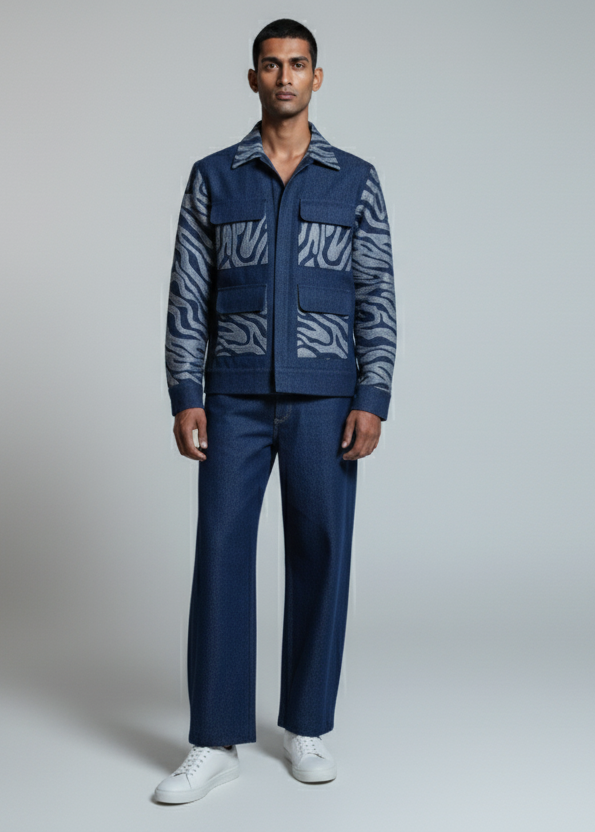 Man wearing a blue patterned outfit on a white background