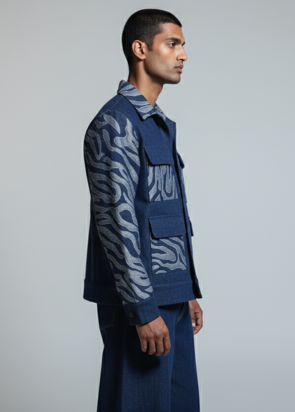 Man wearing a blue patterned jacket and pants on a gray background