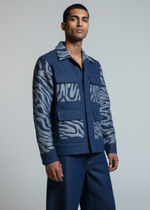 Man wearing a blue patterned jacket and pants on a gray background