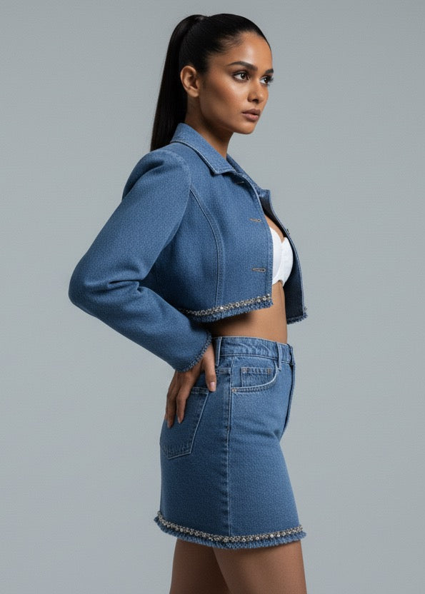 Woman wearing a denim outfit on a gray background