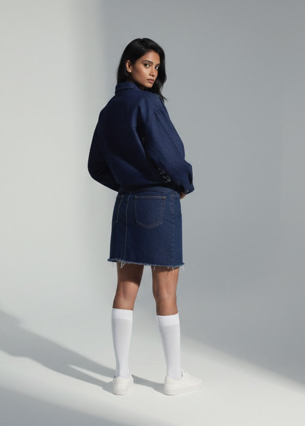 Person wearing a navy blue sweater and skirt with white knee-high socks on a plain background