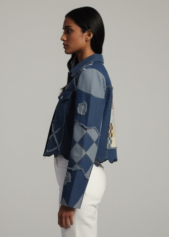 Person wearing a blue patterned shirt on a gray background