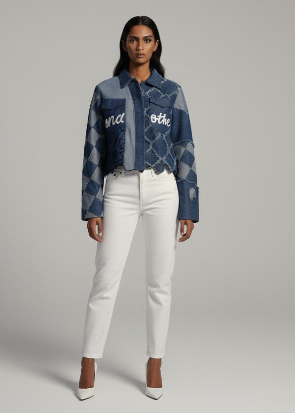 Woman wearing a denim jacket with text and white pants on a gray background