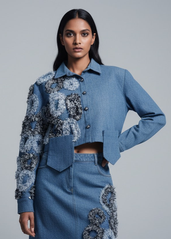 Woman wearing a blue floral outfit on a gray background