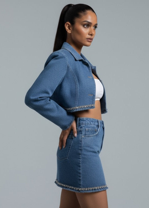 Woman wearing a denim jacket and skirt on a gray background