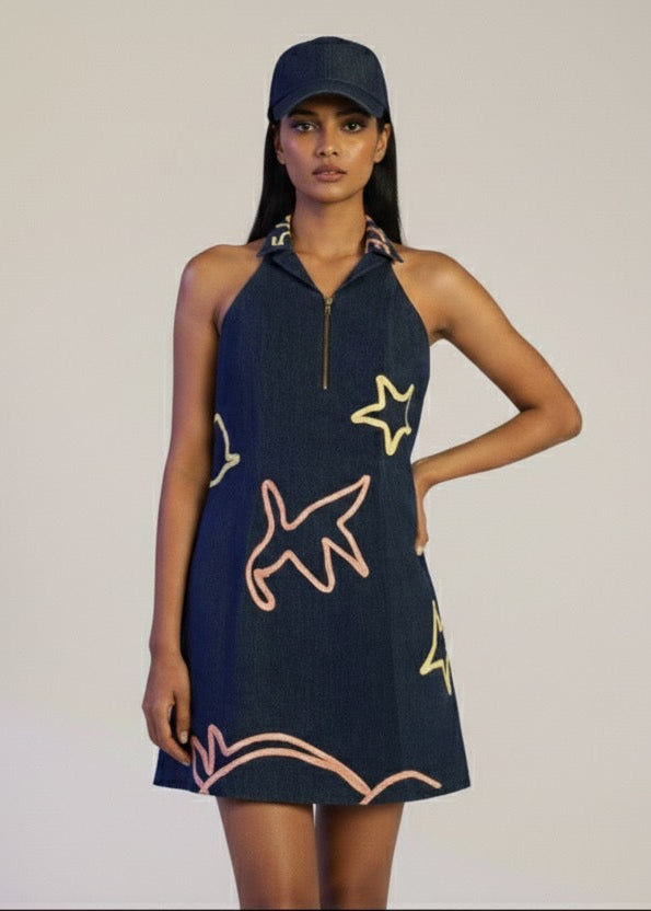 Woman wearing a navy dress with colorful designs on a plain background
