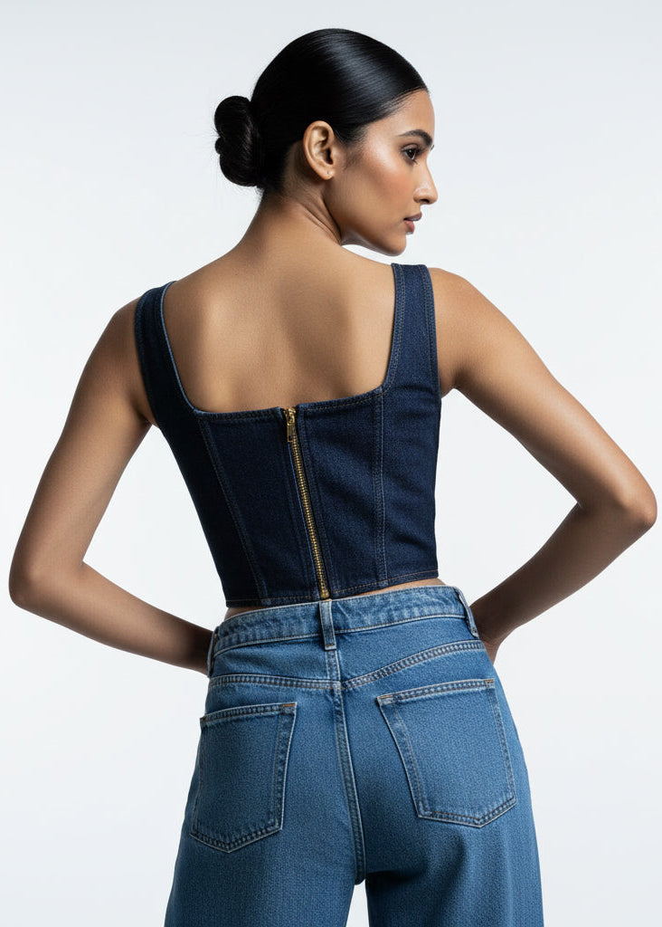 Woman wearing a blue denim jumpsuit on a white background