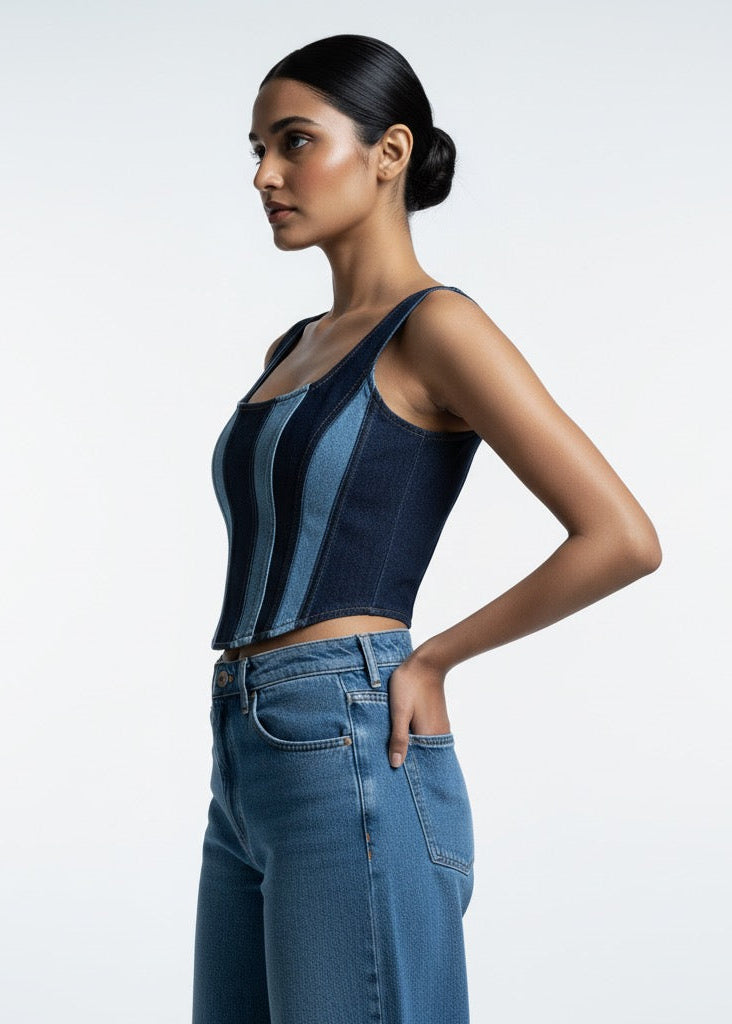 Woman wearing a blue denim top and jeans on a white background