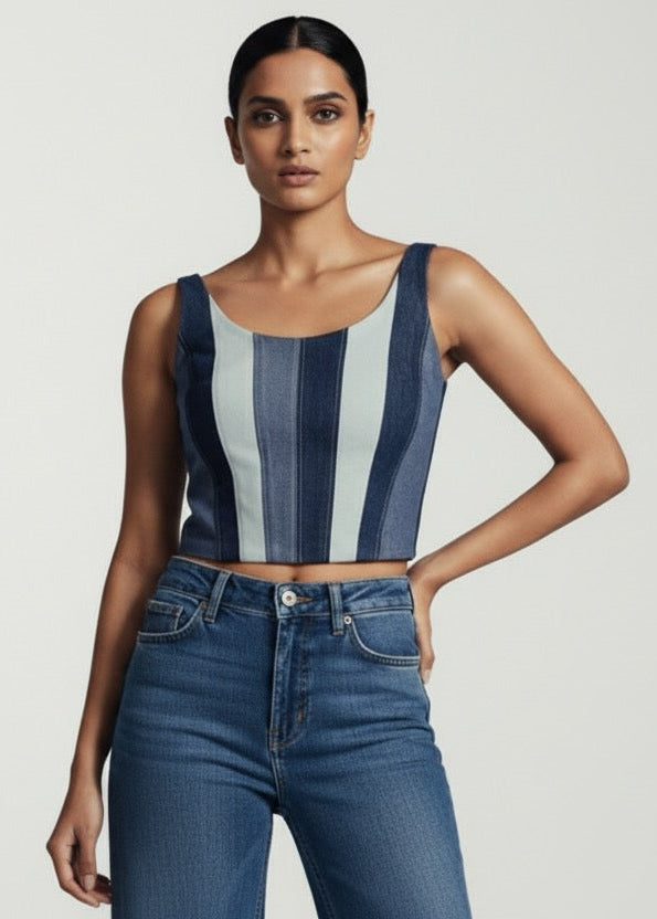 Woman wearing a striped sleeveless top and blue jeans on a plain background