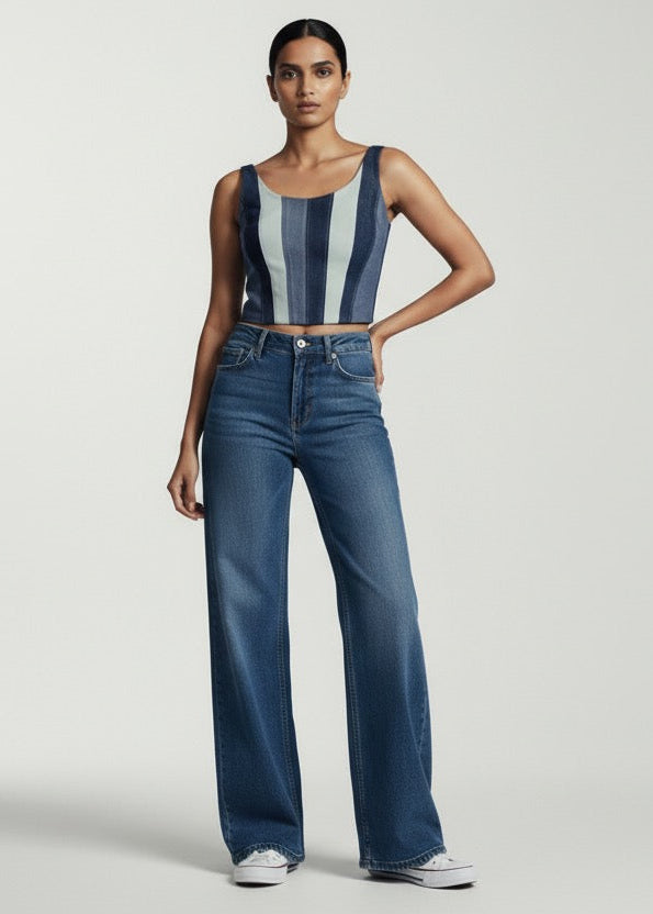 Woman wearing a striped top and blue jeans on a white background
