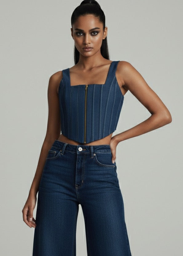 Woman wearing a blue denim outfit on a gray background