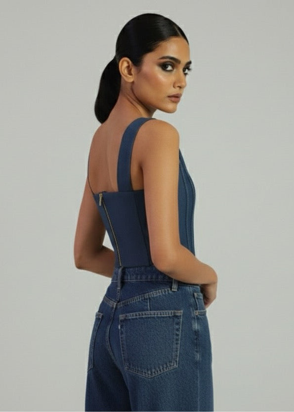 Woman wearing a blue denim dress against a gray background