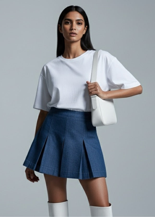 Woman wearing a white top and blue skirt with a white bag on a gray background