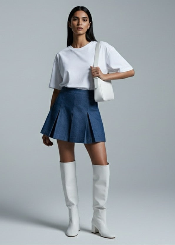 Woman wearing a white top, blue skirt, and white knee-high boots on a gray background