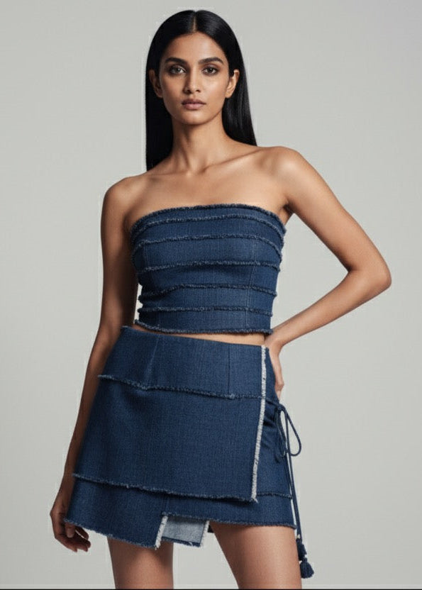 Woman wearing a denim strapless top and skirt on a gray background