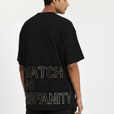 Man wearing a black t-shirt with text on the back against a white background