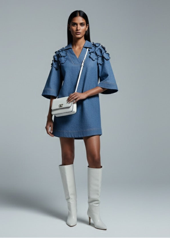 Woman wearing a blue dress and white knee-high boots holding a white handbag on a gray background