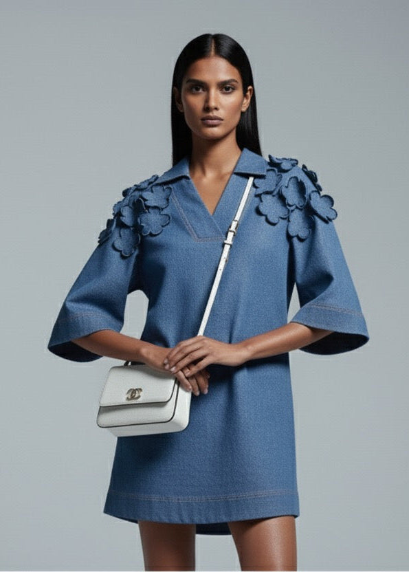 Woman wearing a blue dress with ruffled sleeves holding a white handbag on a gray background