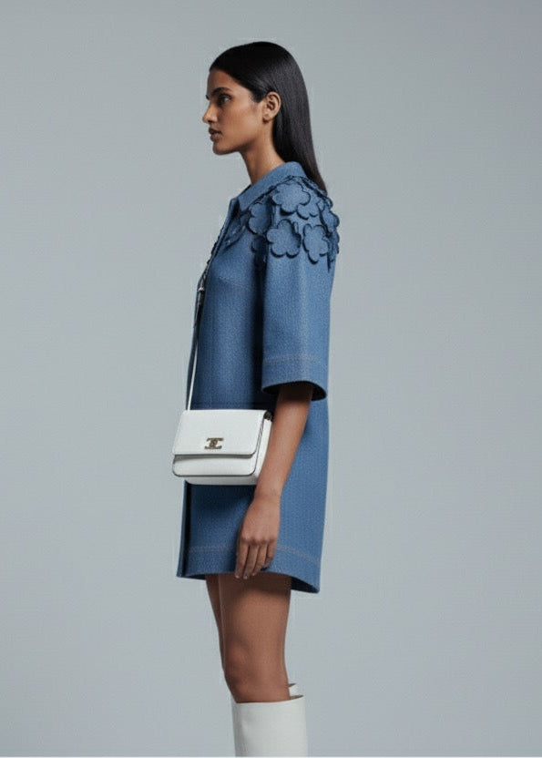 Woman wearing a blue floral dress with a white handbag on a gray background