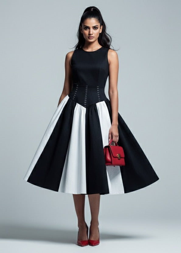 Woman wearing a black and white dress with a red handbag on a gray background