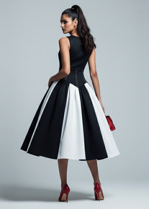 Woman wearing a black and white dress with a red handbag on a gray background