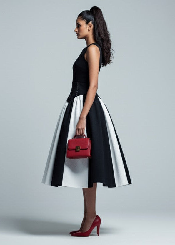 Woman in a black and white dress holding a red handbag on a gray background