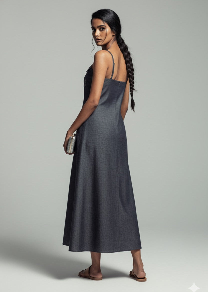 Woman wearing a long, dark gray slip dress against a plain background