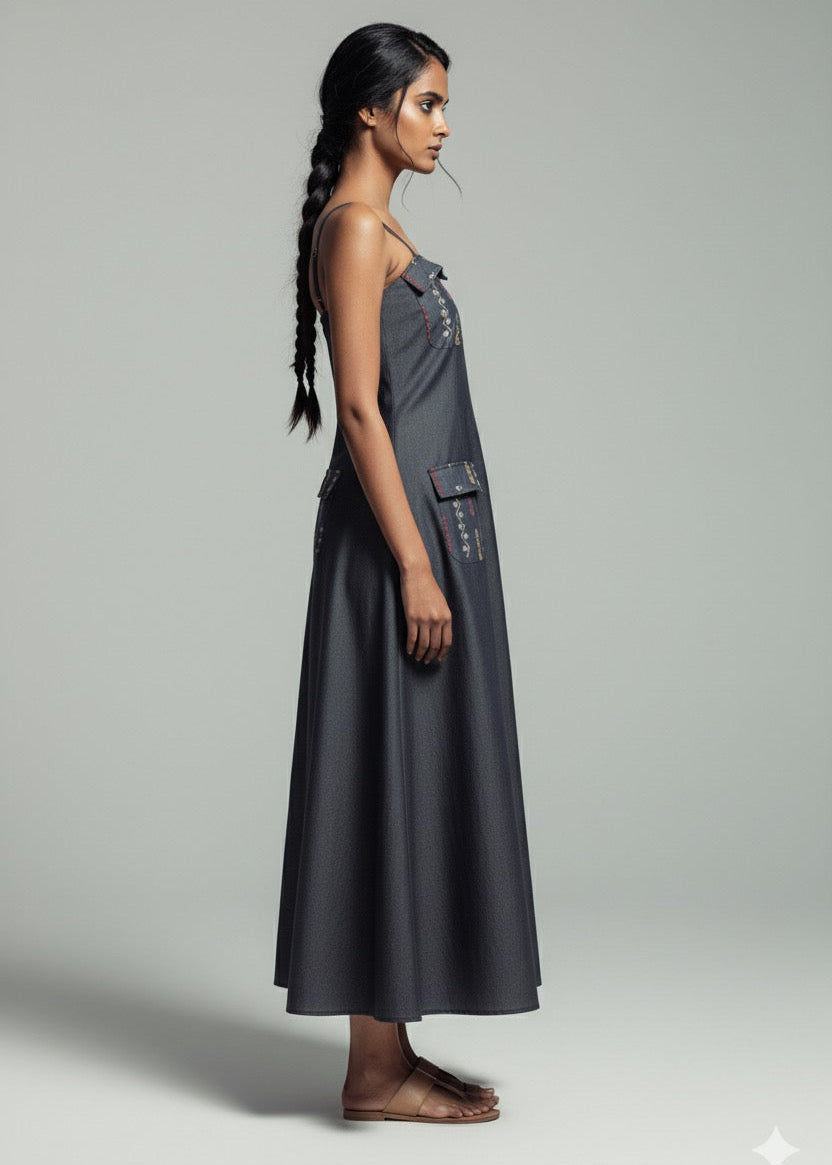 Woman wearing a gray dress with cargo pockets on a plain background