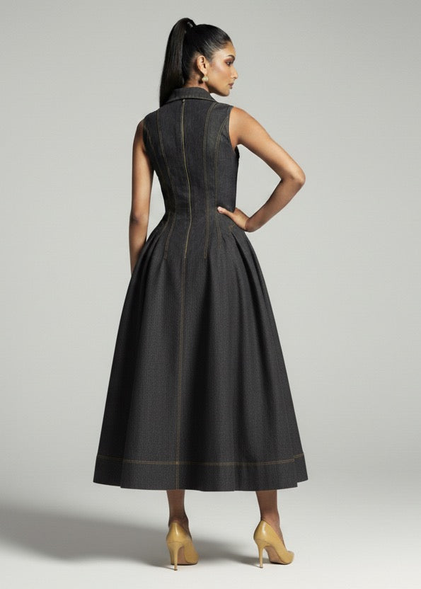 Woman wearing a black sleeveless dress against a gray background
