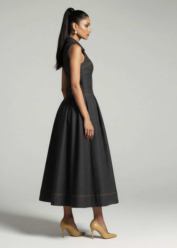 Woman wearing a black dress on a gray background
