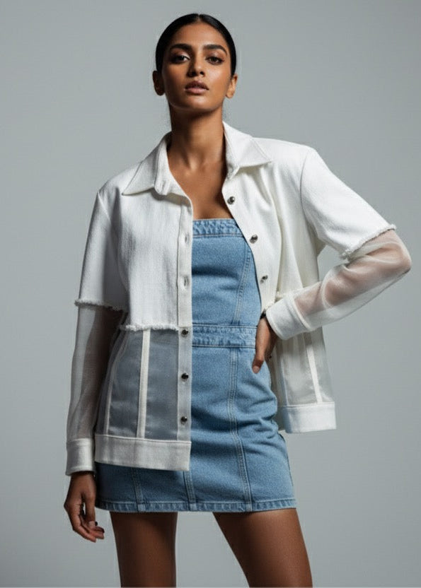 Woman wearing a white shirt over a denim dress on a gray background