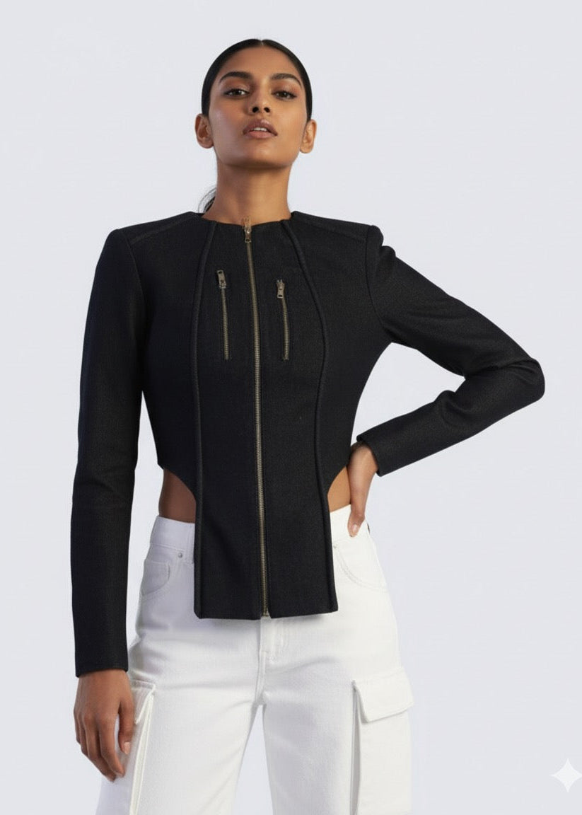Woman wearing a black jacket with cut-out design on a white background