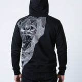 Black hoodie with geometric design on the back against a white background