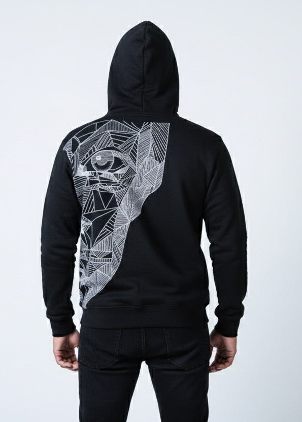 Black hoodie with geometric design on the back against a white background