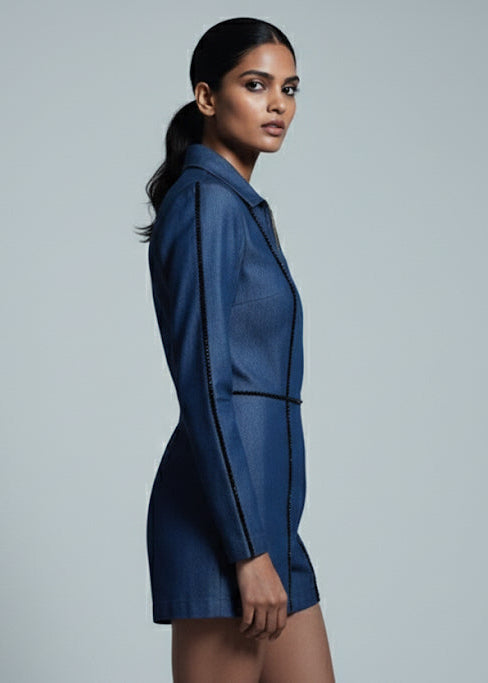 Woman wearing a blue outfit against a gray background