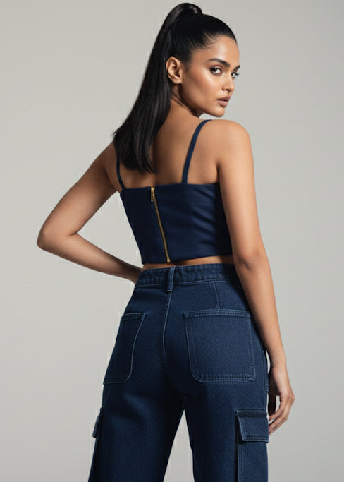 Woman wearing a navy blue sleeveless top and cargo pants on a gray background