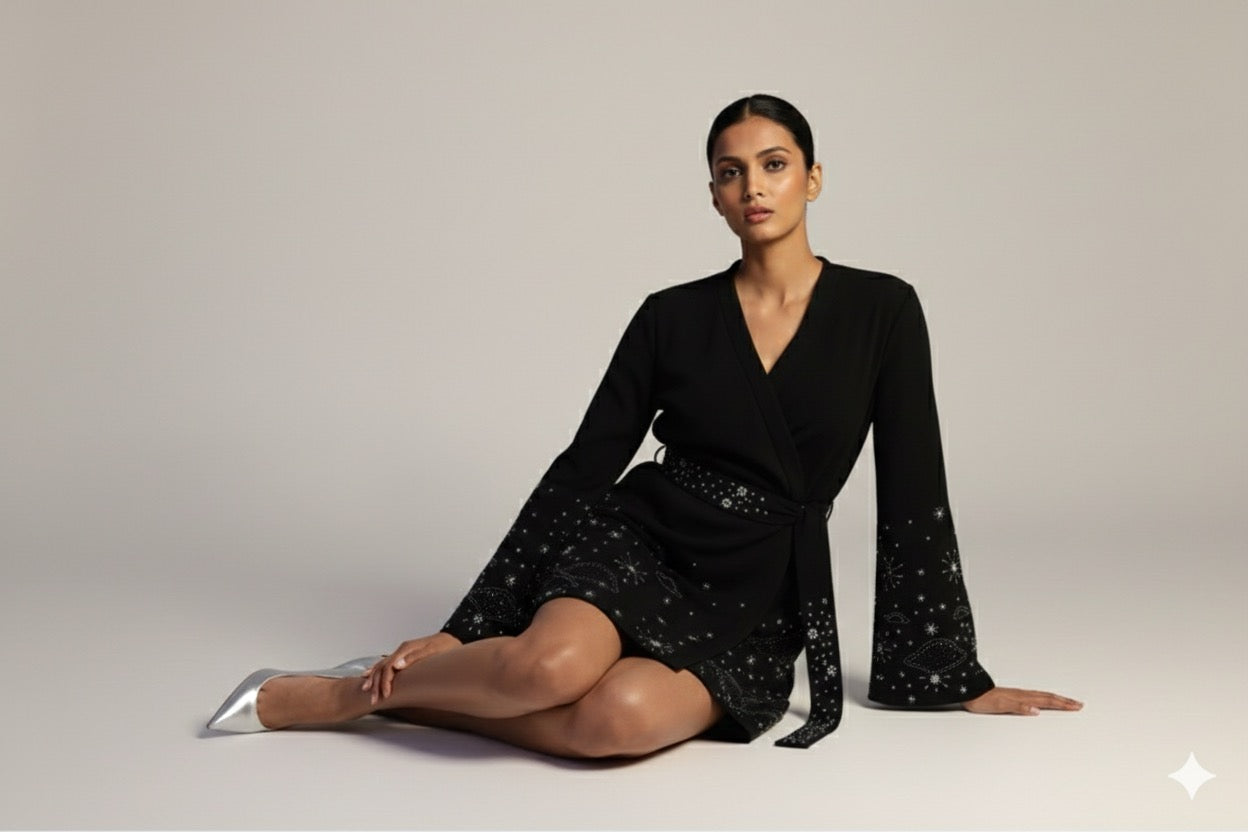 Woman wearing a black dress with sequin details on a plain background
