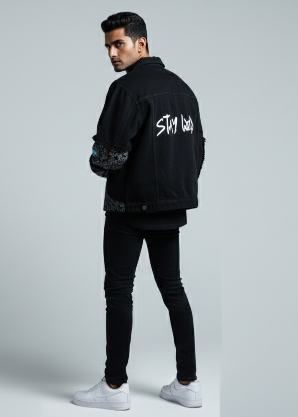 Man wearing a black jacket with text on the back against a gray background