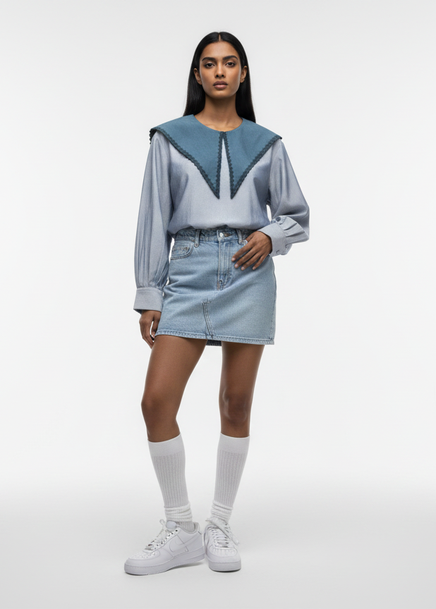 Woman wearing a blue and gray outfit with a denim skirt on a white background