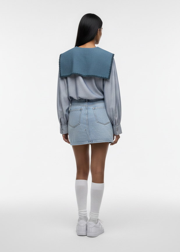 Person wearing a denim outfit with a white background
