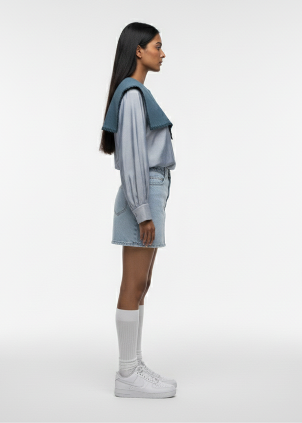 Person wearing a light blue outfit with white sneakers on a white background