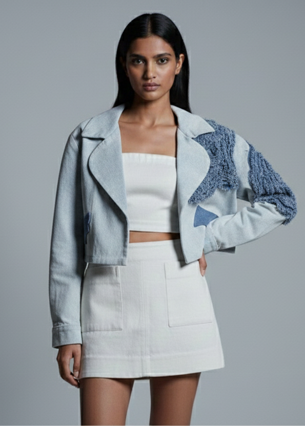 Woman wearing a stylish outfit with a textured jacket on a gray background