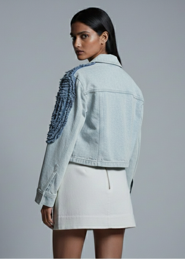 Woman wearing a light blue denim jacket and beige skirt on a gray background