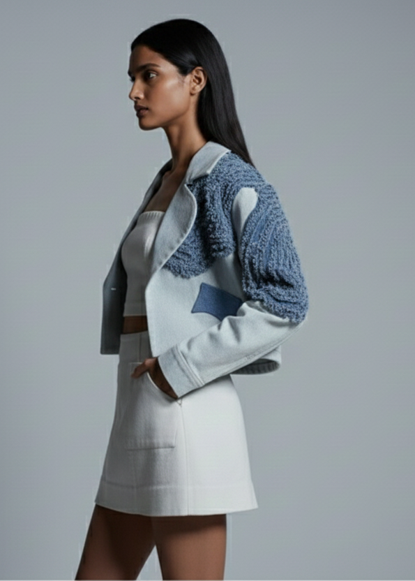 Woman wearing a blue jacket and white skirt on a gray background