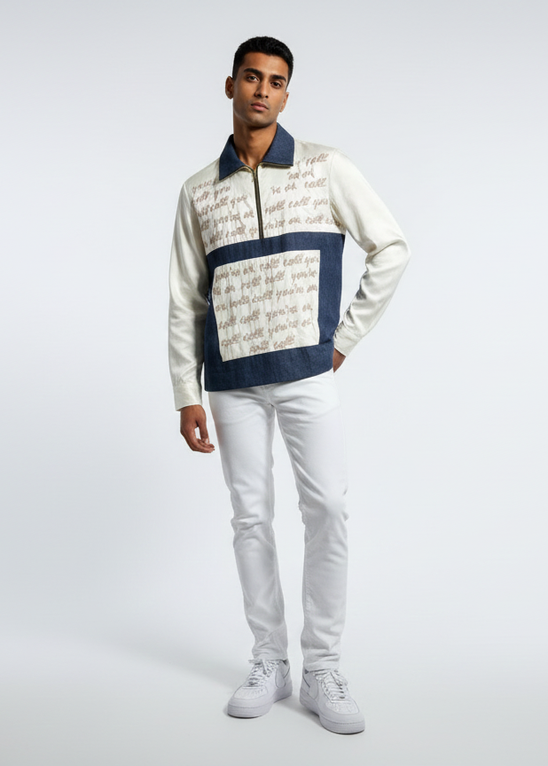 Man wearing a patterned sweater and white pants on a gray background