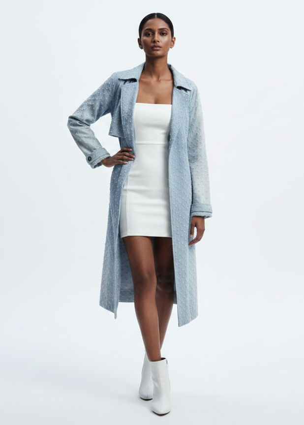 Woman wearing a light blue coat over a white dress on a plain background