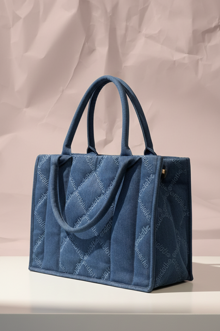 Blue quilted handbag on a neutral background